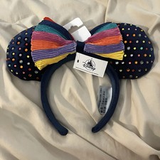 Disney Parks Rainbow Studded Minnie Sequin Ears Headband W/ Pleated Bow Adult Sz