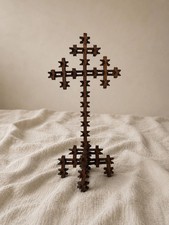 Antique Tramp Art Wooden Cross Folk Art Sculpture Gothic Crucifix