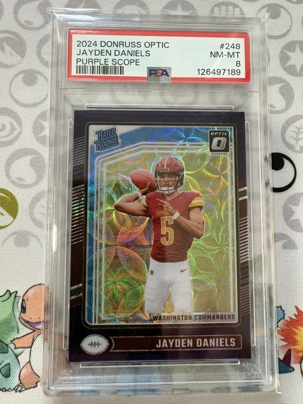 JAYDEN DANIELS ROOKIE PSA 8 NM-MT 2024 Donruss Optic PURPLE SCOPE Rated Rookie