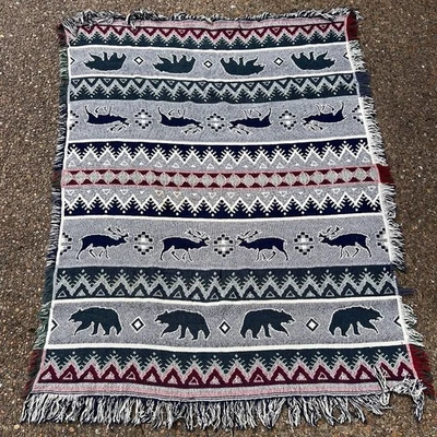 Vintage Geometric Animal Woven Fringe Tapestry Blanket Cabin Lodge - Image 1 of 4