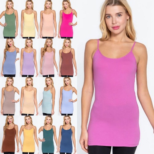 Women's Long Cami With Built in Shelf Bra Spaghetti Straps Layering Tank Top