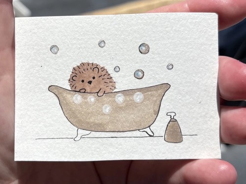 Original Art ACEO ATC Watercolor Porcupine Hedgehog Bathtub Bubble Bath 