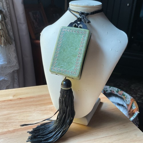 Art Deco Compact Dance Purse Green Black Plastic Celluloid? Tassel