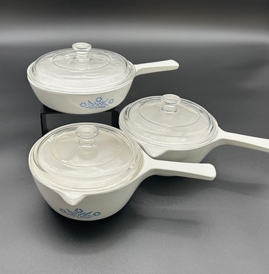 VTG Corning Ware Blue Cornflower Menuette Set 3 Pans Lids P-89-B P-81-B 6Pc Nest