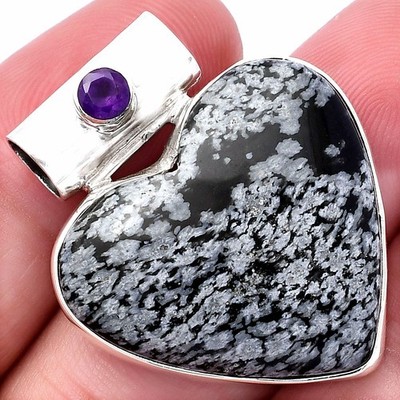 Heart Snow Flake Obsidian & Amethyst 925 Sterling Silver Pendant Jewelry P-1300