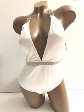 Victorias Secret Swim Rhinestone Shine Strap Plunge One-Piece Swimsuit White NWT