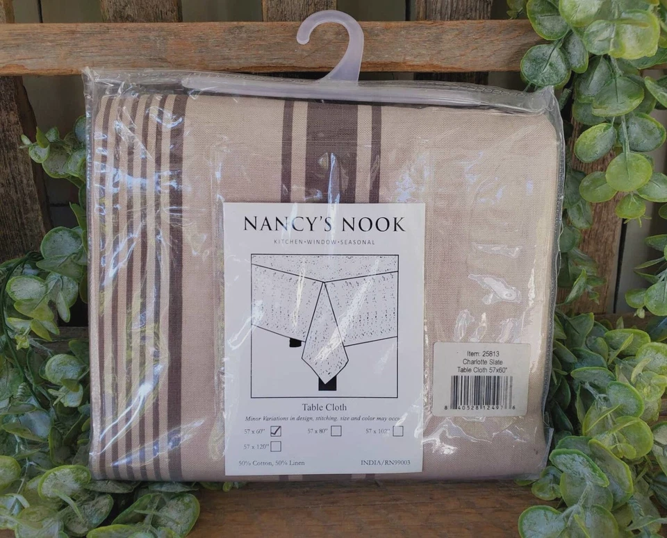 Tablecloth Square 57 x 60 in Grain Sack Stripe Slate Beige Farmhouse Decor - Image 2 of 4