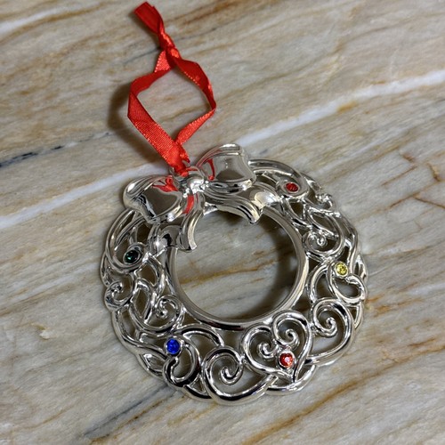 Lenox Sparkle and Scroll Silver Plated Wreath Ornament Multi Color Crystals - Picture 5 of 7