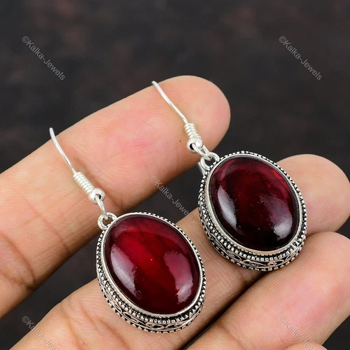 Drop/Dangle Vintage Earrings 925 Silver Natural Red Fire Labradorite