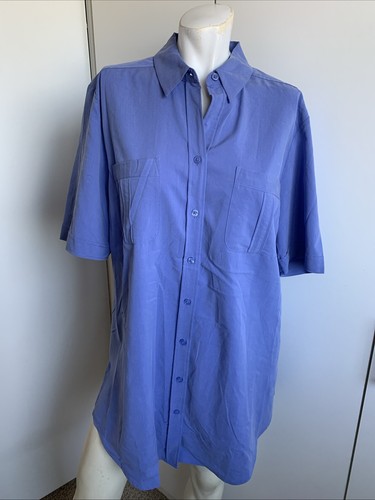 Chico's Blue Short Sleeve Button Up Tunic w/Side Slits size 2 smooth finish