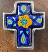 Holland Boone Polished Pewter Cross Blue Yellow Floral Ceramic Inlay Mexico Used