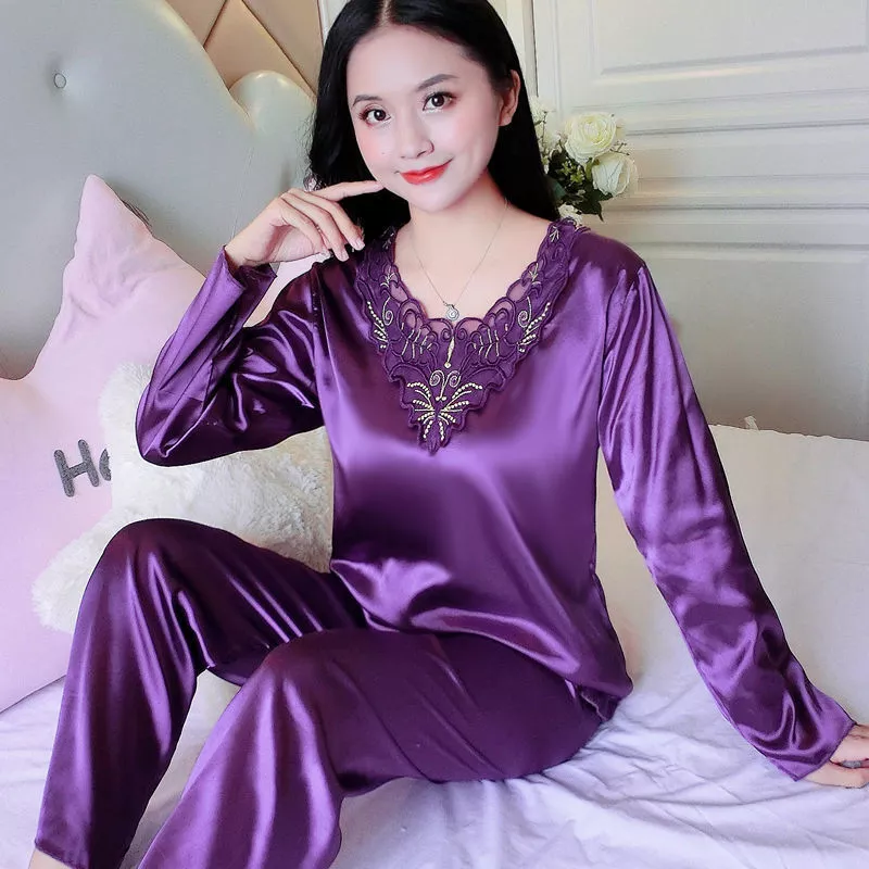 Women Sleepwear Faux Silk Satin Pajamas Set Long Sleeve Suit Nightwear Set  Cheap