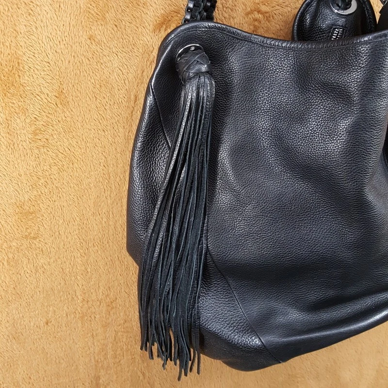 ZARA Mujer Bolso de Mano Cuero Negro Grande Hobo Bolso de Hombro Bolso Borla Foto 3 de 4