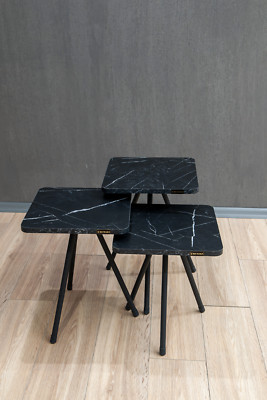 Quadratischer Satztisch mit Metallbein 3-teilig Tee Serviertisch - Schwarz Marmor / Schwarz