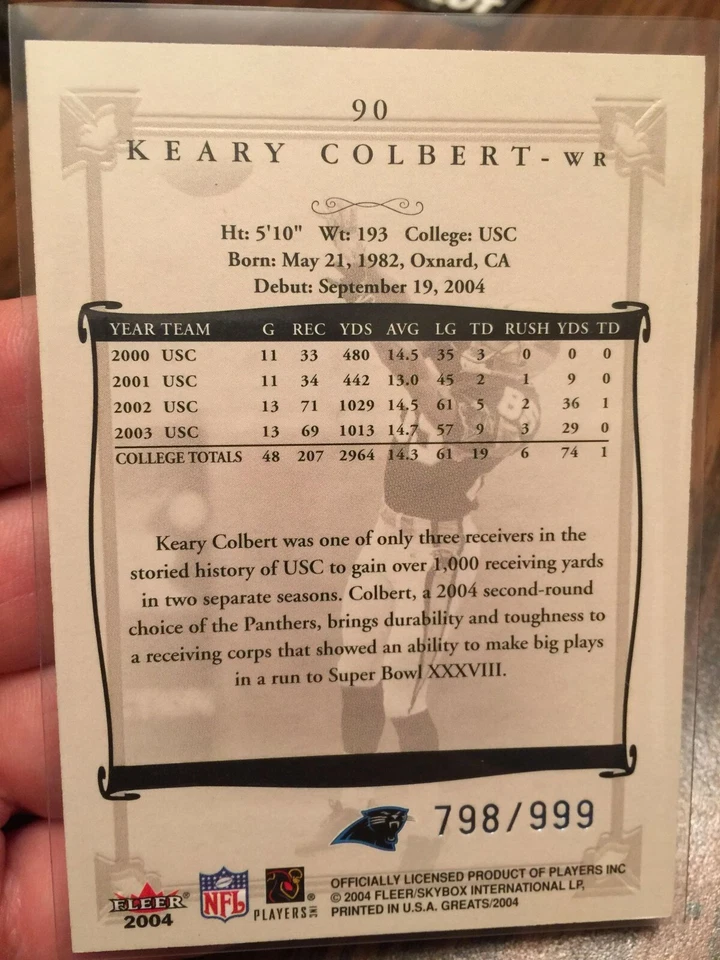 KEARY COLBERT 2004 FLEER "GREATS" ROOKIE CAROLINA PANTHERS RC /999! USC TROJANS! - Image 2 of 2