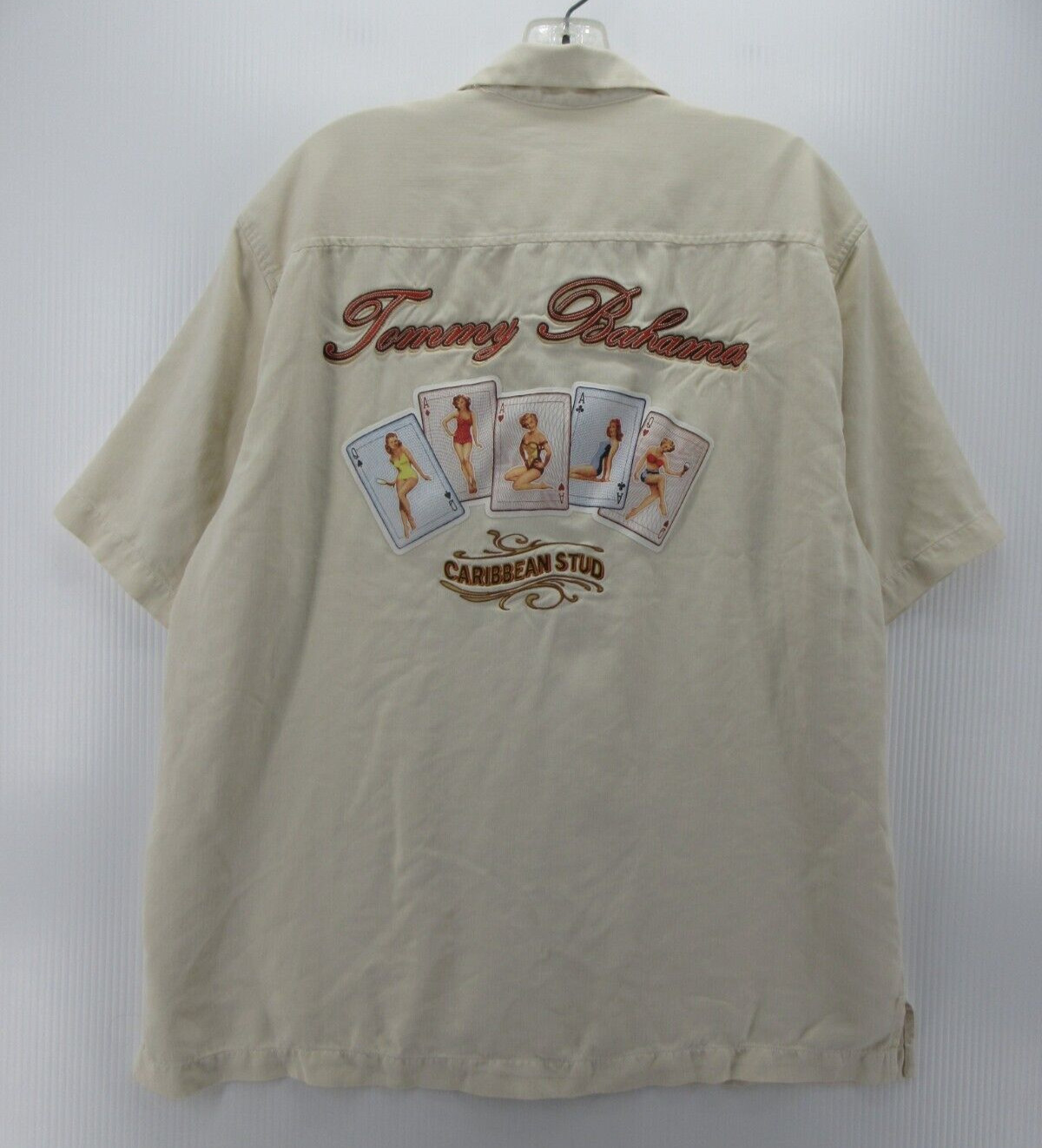 Camisa Tommy Bahama Hombres Grande Beige Seda Hawaiana Cuello Lazo Campamento Caribe Tachuela