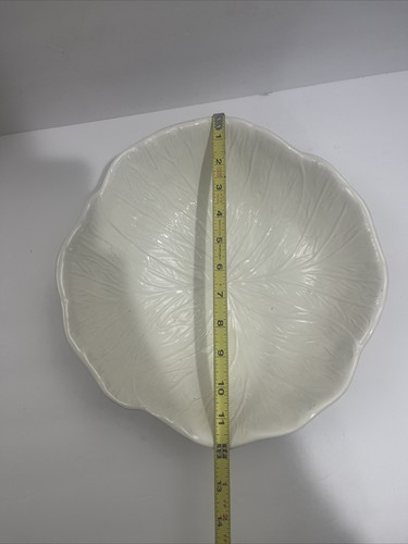 White Cabbage Leaf Ceramic Serving Bowl Hand Painted 12” D - Picture 6 of 8