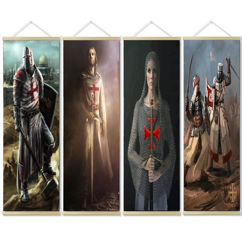 4 PCS Knights Templar Wall Art Poster Armor Warrior Scroll Painting Hanging Flag