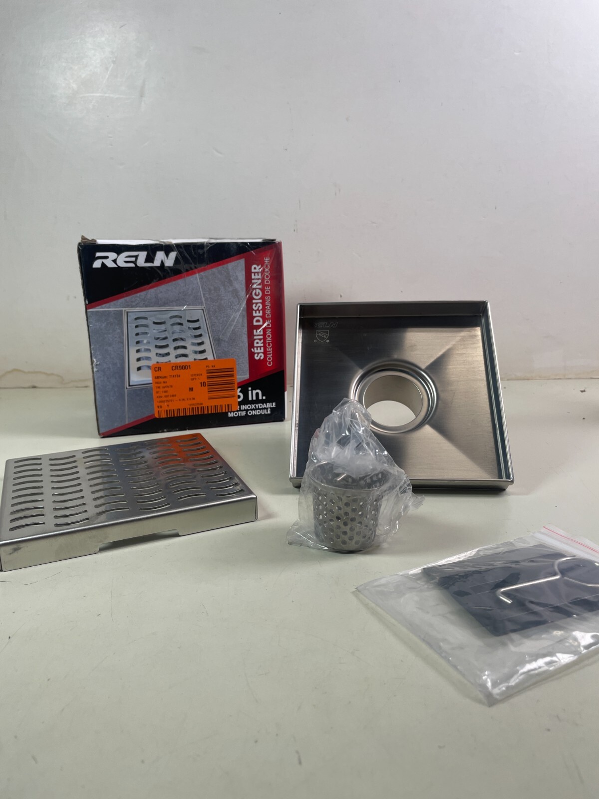 RELN 6" x 6" Stainless Steel Square Shower Drain Wave Pattern Drain Cover