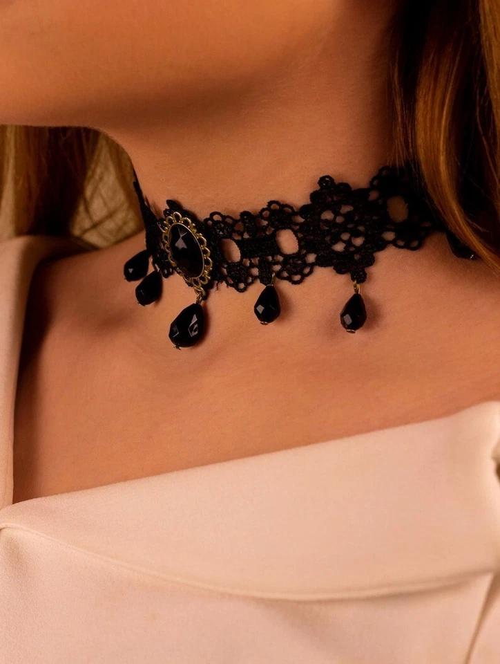 Collar Gargantilla Victoriano Negro Encaje con Cuentas Negras Vintage Sexy Punk Gótico Foto 3 de 4