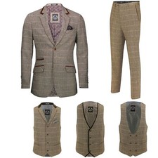 Mens Brown Herringbone Check 3 Piece Suit Sold Separate Blazer Trouser Waistcoat