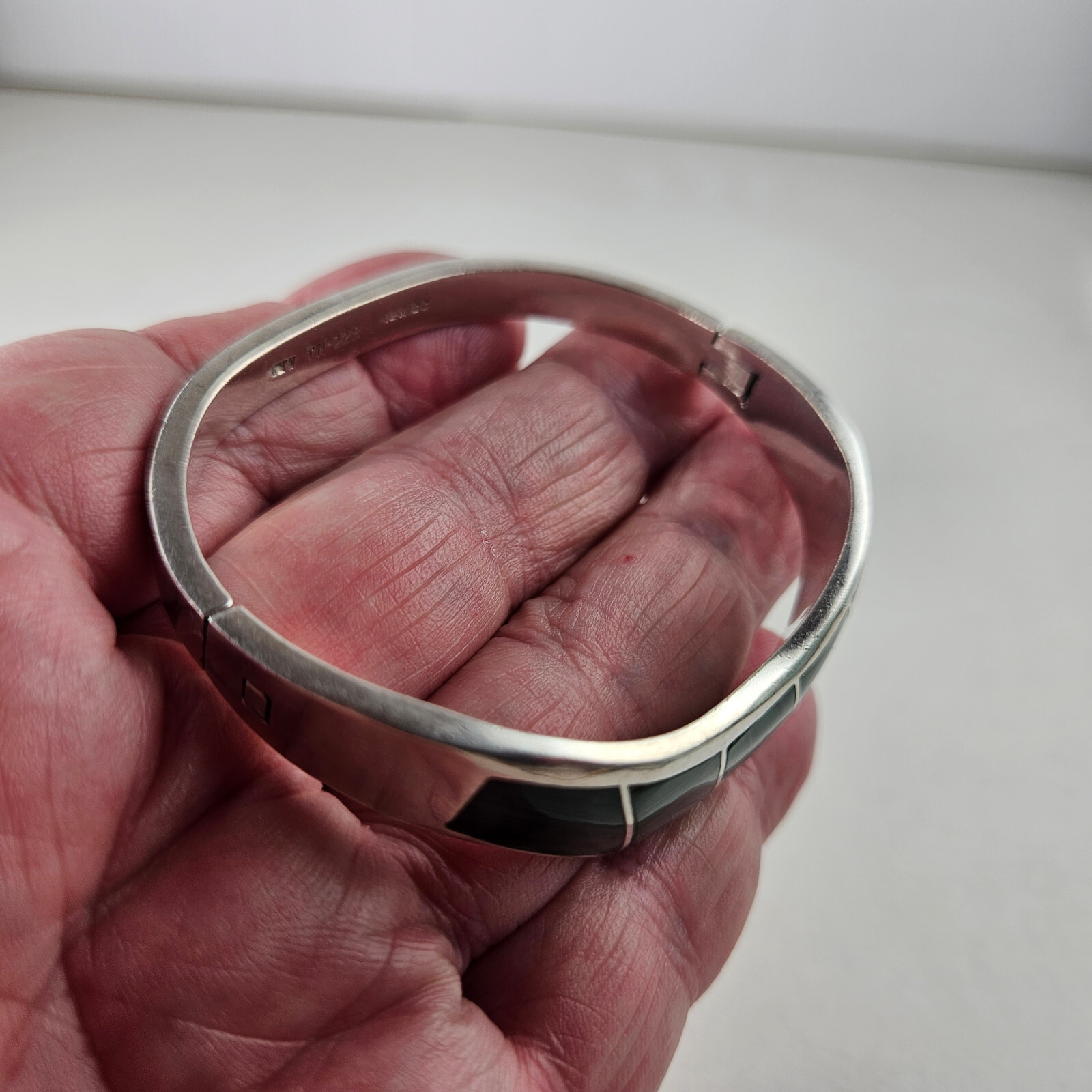 Sterling Silver Hinged Bangle Inlay Malachite Bra… - image 7