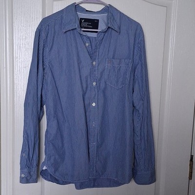 AMERICAN EAGLE OUTFITTERS COTTON L BLUE/WHITE STRIPE ATHLETIC LS SHIRT