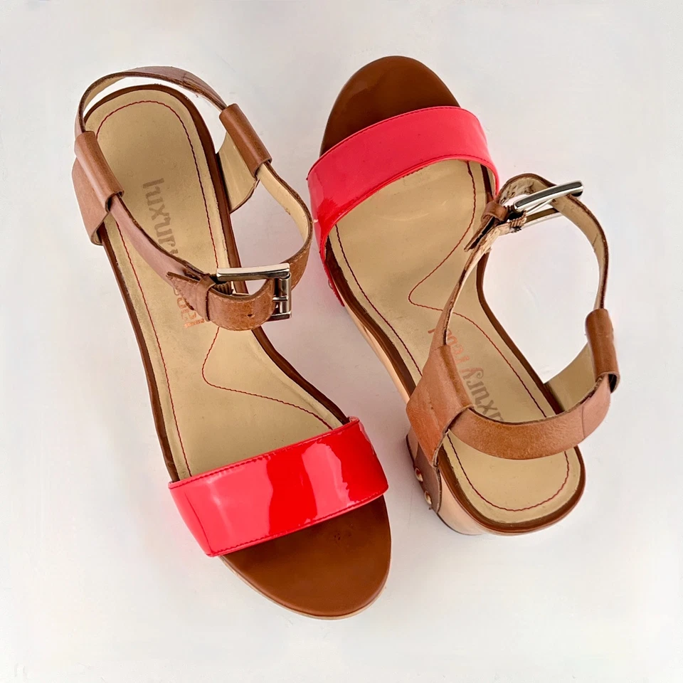 Luxury Rebel Fern Neon Coral Red Patent Leather 6.5-7/37.5 Wood Platform Sandal - Image 4 of 4