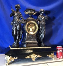 Large Antique French Bronze Figural Mantel Clock Wtwin Sculptures Bell Strike