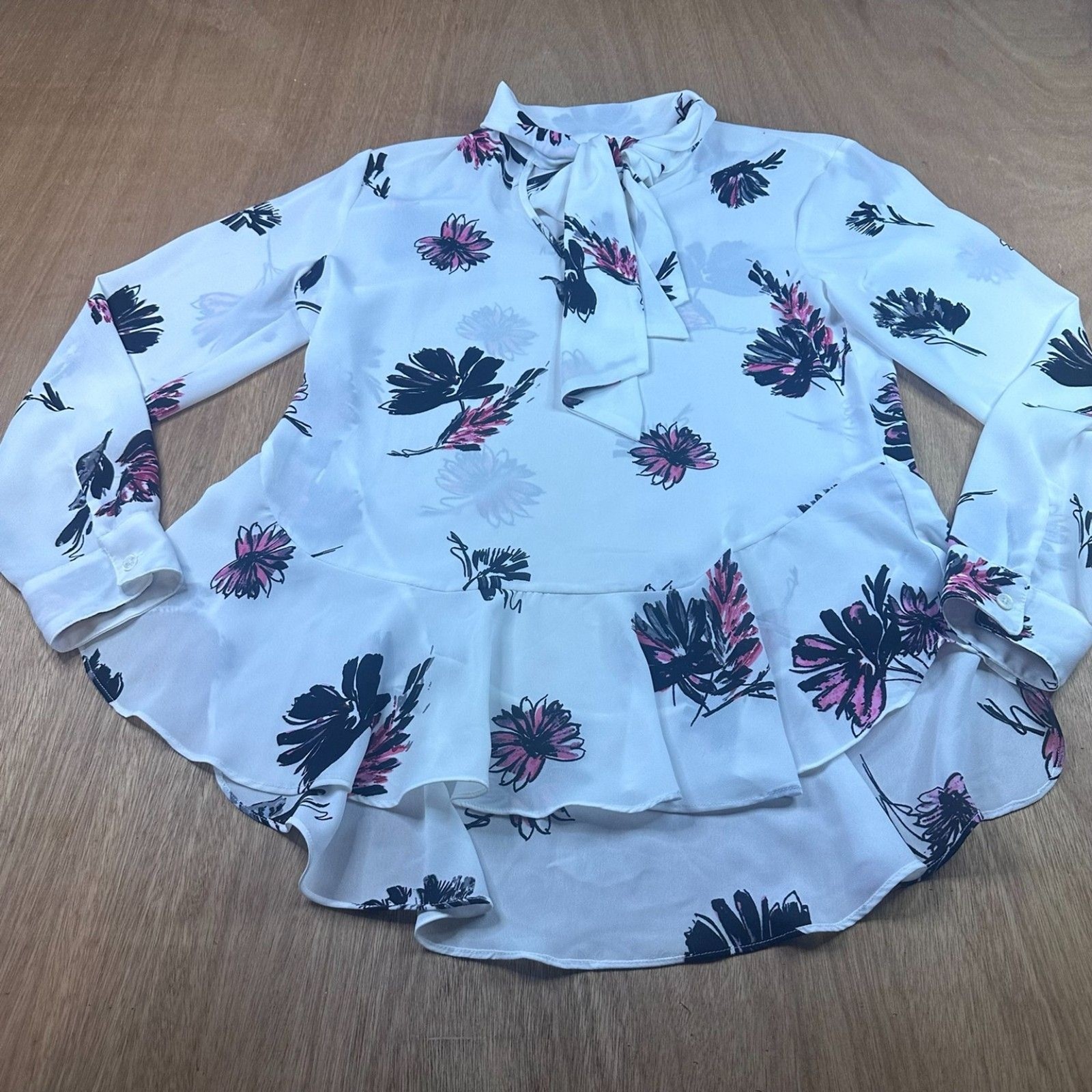 Vince Camuto Floral Tie Neck Peplum Blouse Sheer White Pink Women S