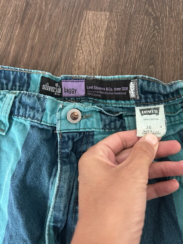 Pantalones Cortos Sueltos Levi Vintage Raro Plateado Tab Talla 36 Azul Teal Rayas Levis 12” pulgadas Foto 2 de 4