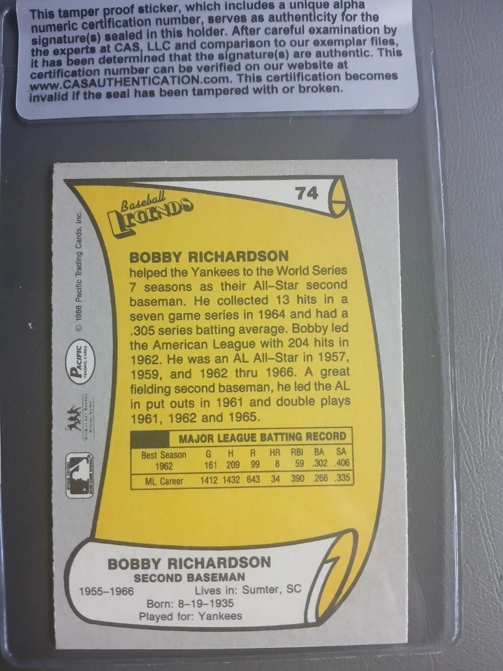 Bobby Richardson New York Yankees 1988 Pacific #74 Autographed Authenticated - Image 2 of 2