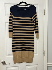 Nautica Womens Sweater Dress Medium Blue Tan Striped Knit Long Sleeve Casual