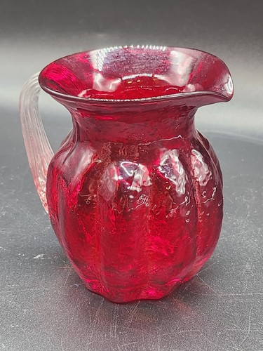 Hand Blown Ruby Art Glass Melon Shaped Pitcher/ Creamer - Picture 6 of 7