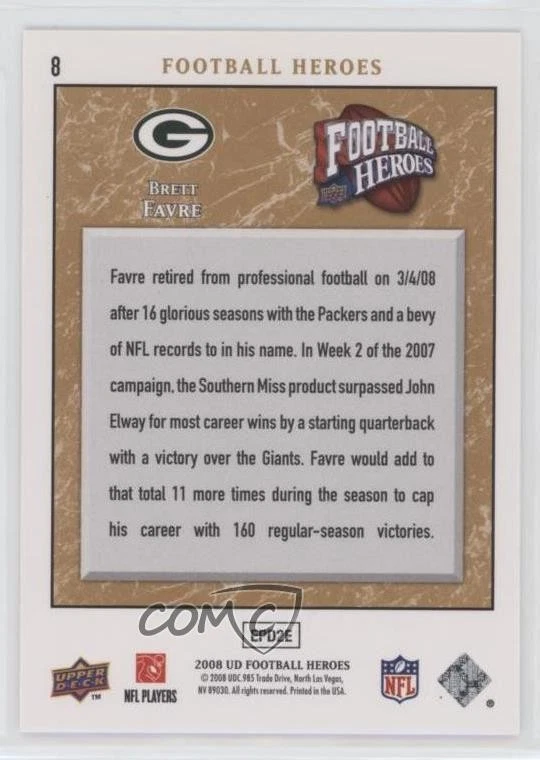 2008 Upper Deck Football Heroes Bronze /75 Brett Favre #8 HOF - Image 2 of 2