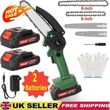 2 Batteries 6+8'' 4000W Mini Cordless Chainsaw Electric One-Hand Saw Wood Cutter