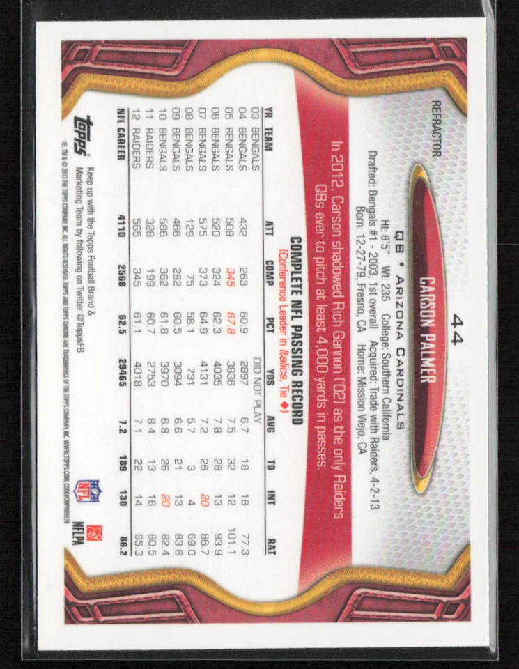 Carson Palmer 2013 Topps Chrome #44 Orange Refractors Arizona Cardinals - Image 2 of 2
