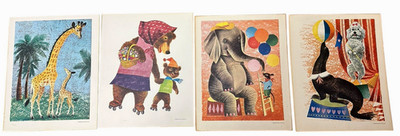 VTG 1958 Leonard Weisgard 4 Prints on Mat Board Circus Animal Giraffe Bear 16x13