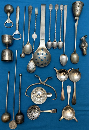 22 Pc Silverplate / Metal BARWARE SPOONS MUDDLERS STRAINERS TONGS JIGGERS & More