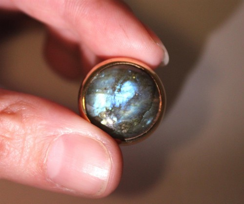 Large Pair 14K Yellow Gold TAMBETTI Designer Labradorite Cabochon Stud Earrings - Picture 2 of 8