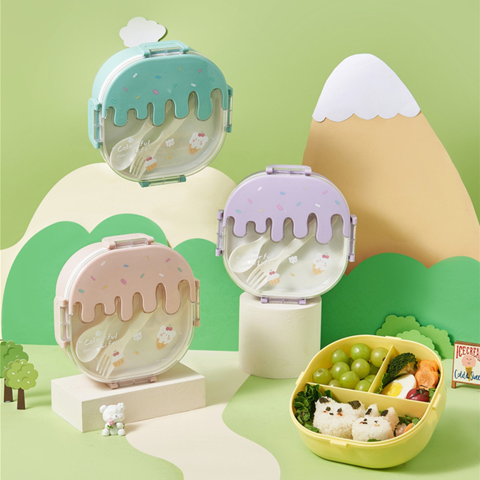 Lunch Box For Kids Adults 3 Compartment Plastic Cute Ice Cream Lunch Snack