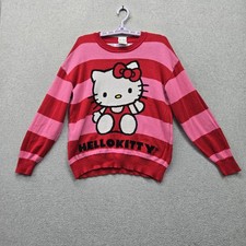 Hello Kitty By Sanrio Women Sweater L Red Embroidered Striped Graphic Print