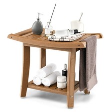 2-tier Shower Bench Waterproof Spa Bath Shower Stool Heavy Duty w/ Shelf Brown