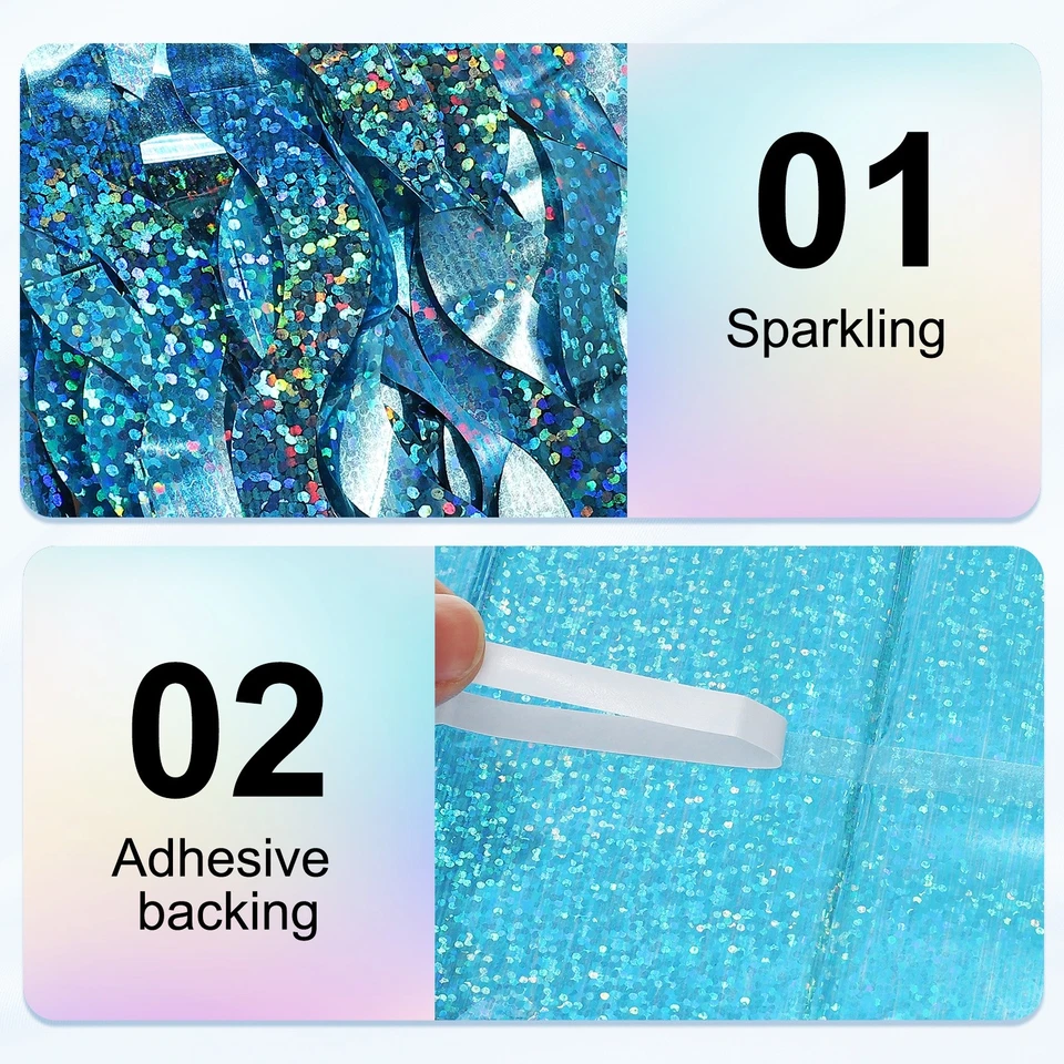 Paquete de 4 telones de fondo de fiesta para decoración, cortina de flecos de lámina transmisor, azul claro Foto 3 de 4