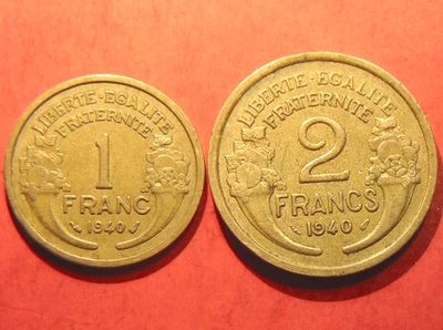 Lot 2 pièces: 1 franc et 2 francs Morlon 1940 Bronze-Alu - Photo 1/2