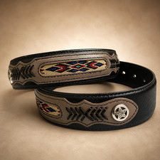 Vintage Western Leather Belt 34-36 Medium Black Tooled Concho Southwest
