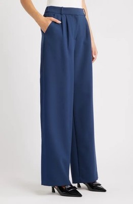 NWT Open Edit Women Navy Blue Wide Leg Pleated High Rise Trousers Pants Size 10