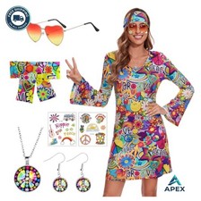 70s Hippie Costume Women Disco Dress Peace Love Retro Outfit Set Accessories