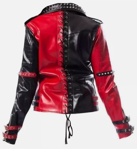 Harley Quinn Heartless Asylum Studded Biker Black & Red Leather Jacket For Women - Picture 2 of 3