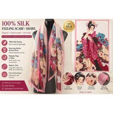 Japanese Geisha Floral Scarf Pink Peony Silk Feel Polyester Sheer Wrap 62x20